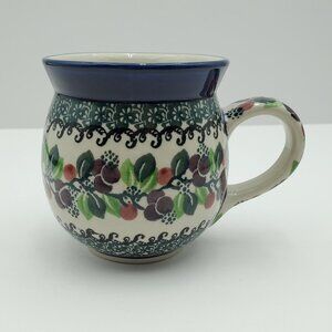 Polish Pottery Burgundy Berry Bubble Mug Purple Red Berries Green Accents